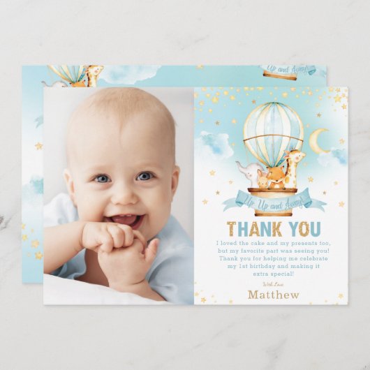 熱気球誕生日ジャングル動物の少年の写真 サンキューカード (正面/裏面)