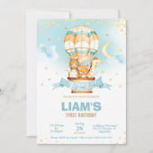 熱気球誕生日少年かわいいジャングル動物 招待状 (正面)