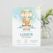 熱気球誕生日少年かわいいジャングル動物 招待状 (スタンド正面)