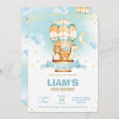 熱気球誕生日少年かわいいジャングル動物 招待状 (正面/裏面)