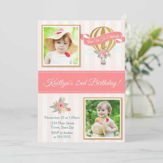 熱気球誕生日招待状、アップ&アッ遠くにプ 招待状 (スタンド正面)