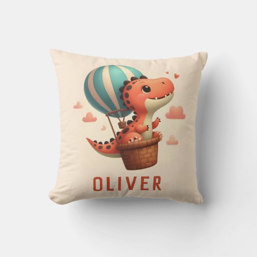 熱気球飛んでいるに乗ったかわいいディノ クッション (正面)