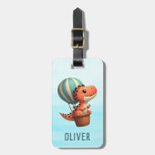 熱気球飛んでいるに乗ったかわいいディノ ラゲッジタグ (正面縦)