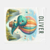 熱気球飛んでいるに乗ったかわいい恐竜 フリースブランケット (正面(横))