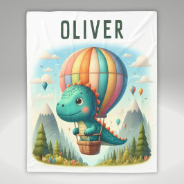熱気球飛んでいるに乗ったかわいい恐竜 フリースブランケット