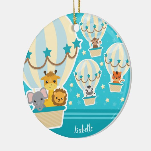 熱気球飛んでいるのクリスマスでジャングル動物 セラミックオーナメント (左)