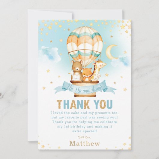 熱気球1st誕生日ウッドランドアニマルズボーイ サンキューカード (正面)