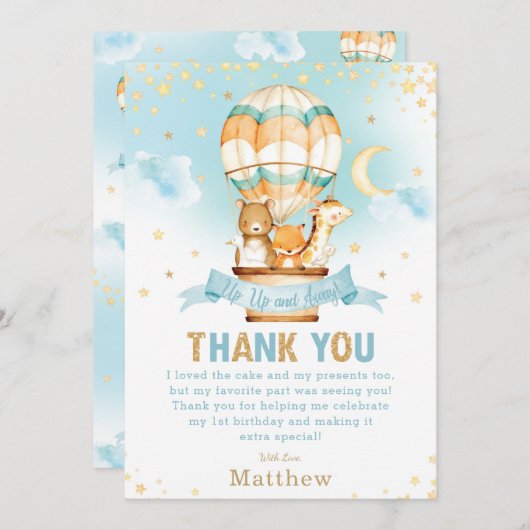 熱気球1st誕生日ウッドランドアニマルズボーイ サンキューカード (正面/裏面)