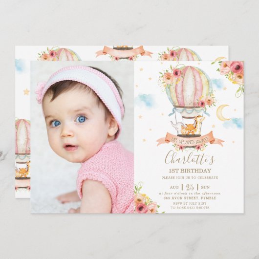 熱気球1st誕生日ジャングル動物の写真 招待状 (正面/裏面)