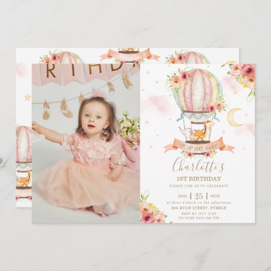 熱気球1st誕生日ジャングル動物の写真 招待状 (正面/裏面)
