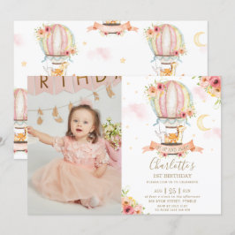 熱気球1st誕生日ジャングル動物の写真 招待状