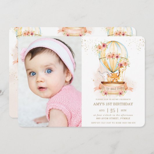 熱気球1st誕生日ジャングル動物の写真 招待状 (正面/裏面)