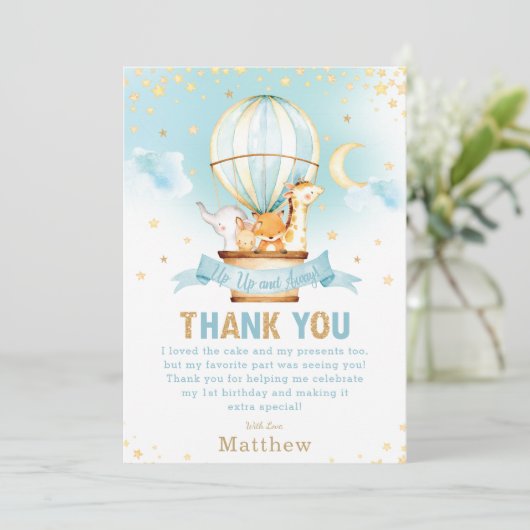 熱気球1st誕生日ジャングル動物の男の子 サンキューカード (スタンド正面)