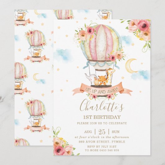 熱気球1st誕生日ジャングル動物ガール 招待状 (正面/裏面)