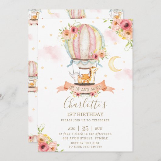 熱気球1st誕生日ジャングル動物ガール 招待状 (正面/裏面)