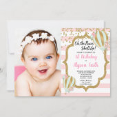 熱気球1st誕生日ピンクの金ゴールド写真 招待状 (正面)