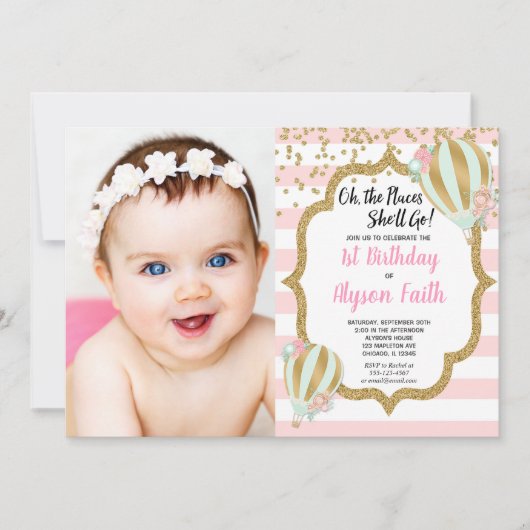 熱気球1st誕生日ピンクの金ゴールド写真 招待状 (正面)