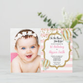 熱気球1st誕生日ピンクの金ゴールド写真 招待状 (スタンド正面)