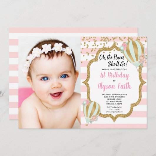 熱気球1st誕生日ピンクの金ゴールド写真 招待状 (正面/裏面)