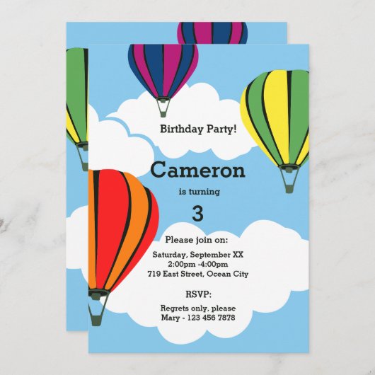 熱気球3rd誕生日パーティの招待状カード 招待状 (正面/裏面)