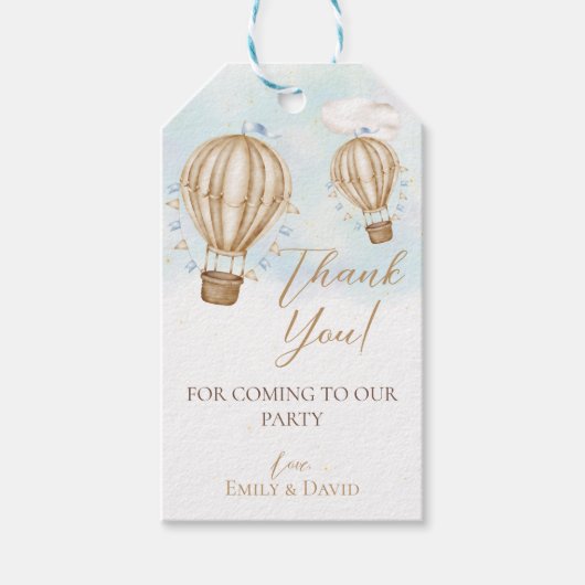 熱気茶色の風船の青いフラグが雲感謝していする ギフトタグ (正面)