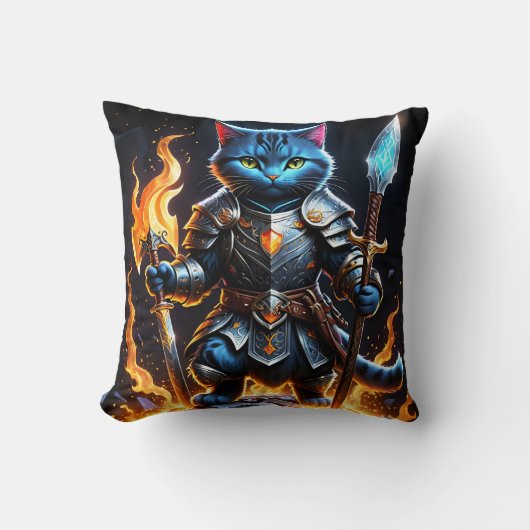 熱烈なファンタジー設定の勇敢な猫の騎士 クッション (正面)