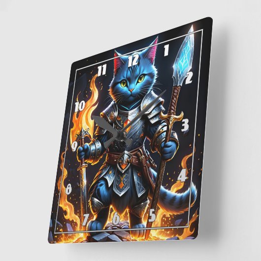 熱烈なファンタジー設定の勇敢な猫の騎士 スクエア壁時計 (傾斜)