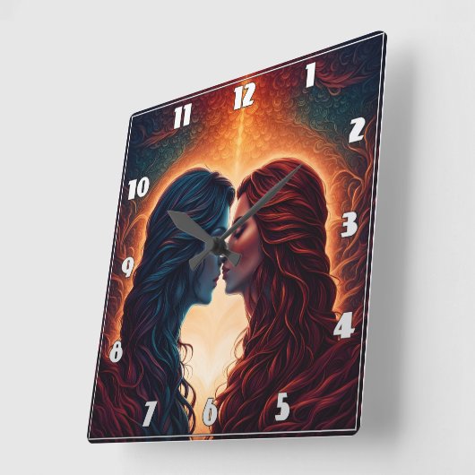 熱烈な背景に抱き込む二人の女性 スクエア壁時計 (傾斜)