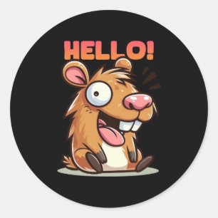 熱狂するおもしろいCapybara Helloステッカー ラウンドシール