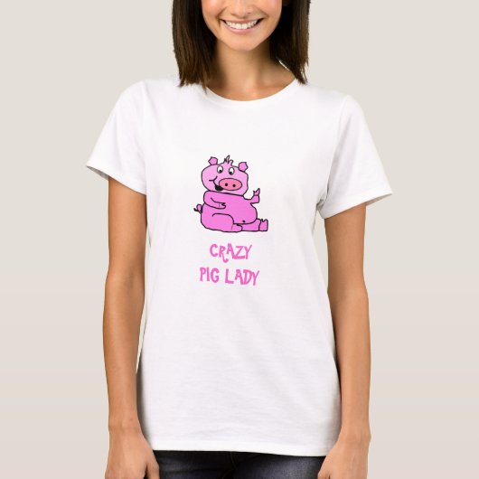 "熱狂するなブタ女性"のピンクの漫画ブタのTシャツ Tシャツ (正面)