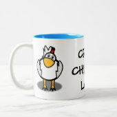 熱狂するな鶏の女性コーヒー・マグ ツートーンマグカップ (左)