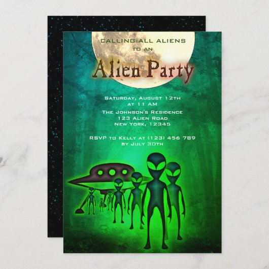 熱狂するエイリアンとUFOの森パーティー招待状 招待状 (正面/裏面)