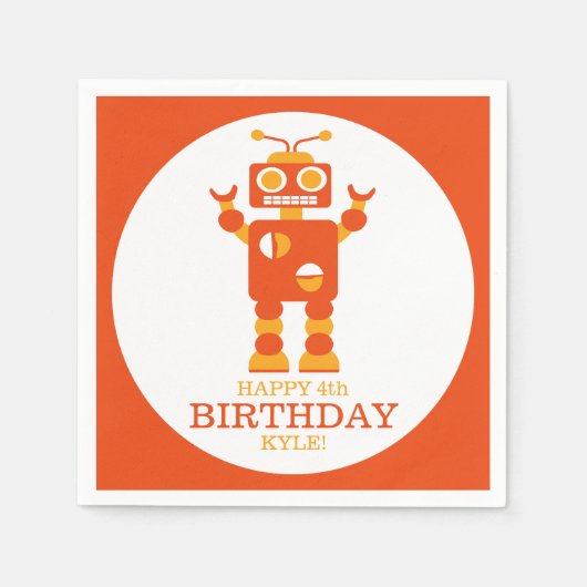 熱狂するオレンジロボパーソナライズされたット誕生日パーティー スタンダードカクテルナプキン (正面)