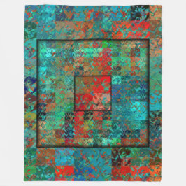 熱狂するターコイズと赤の四角と四角 フリースブランケット