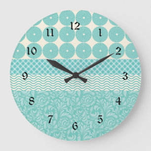 熱狂するティール(緑がかった色)ブルーパターン円フローラ格子波 ラージ壁時計