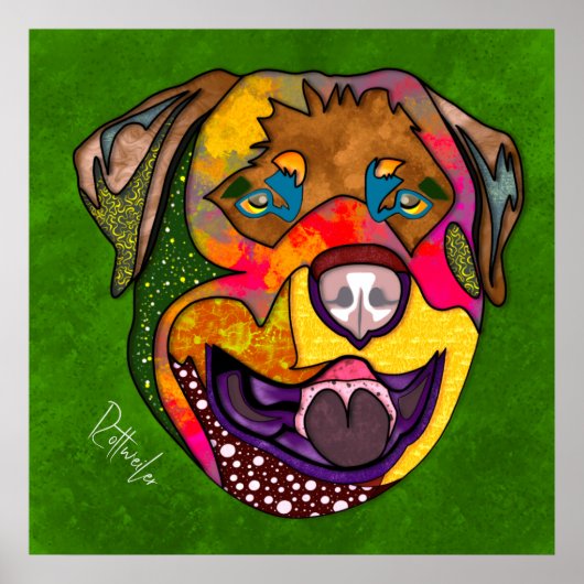 熱狂するロットワイラー犬の顔手絵を描 ポスター (正面)