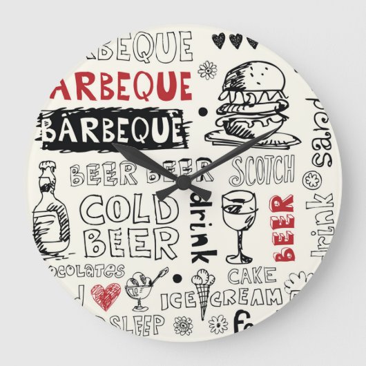 熱狂するBBQ: お洒落 Doodle Art ラージ壁時計 (正面)