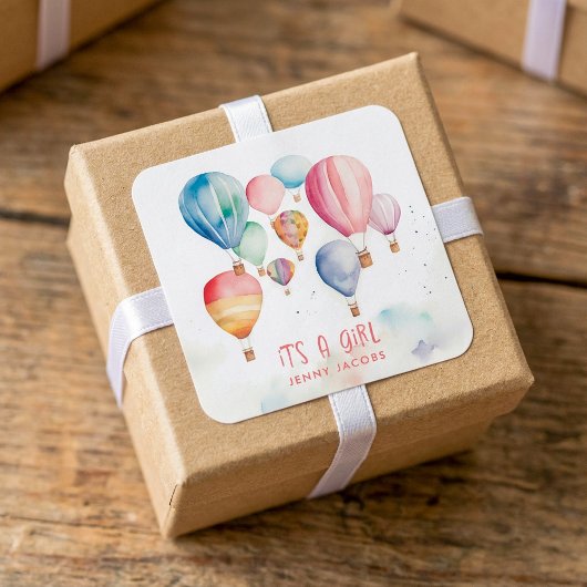 熱飛んでいる気球ガール紙おもしろい スクエアシール