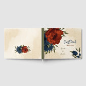 燃えたオレンジとネイビーブルーのフローラ結婚 ゲストブック (全面)