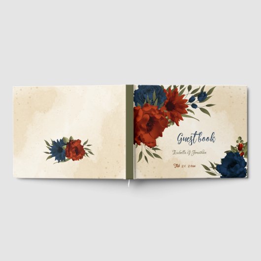 燃えたオレンジとネイビーブルーのフローラ結婚 ゲストブック (全面)