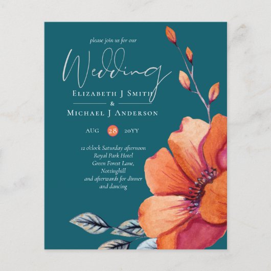 燃えたオレンジと暗いティール(緑がかった色)結婚式は予算を招く (正面)