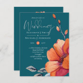 燃えたオレンジと暗いティール(緑がかった色)結婚式は予算を招く 招待状 (正面/裏面)