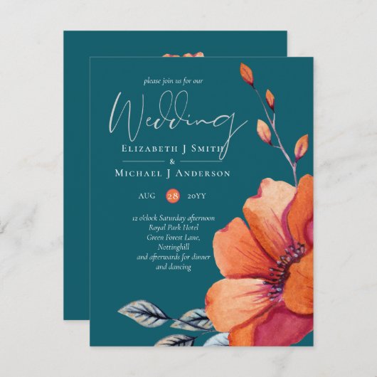 燃えたオレンジと暗いティール（緑がかった色）結婚式は予算を招く 招待状 (正面/裏面)