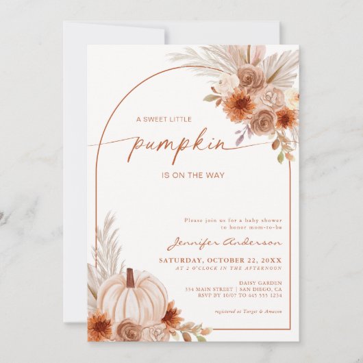 燃えたオレンジカボチャ秋のアーチ赤ちゃんシャワー 招待状 (正面)