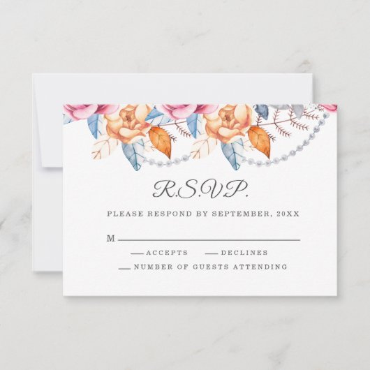 燃えたオレンジグレー水カラーフローラ結婚式RSVP 出欠カード (正面)