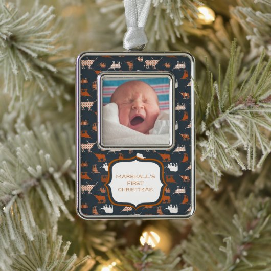 燃えたオレンジパターン(の模様が)ある色のロングホーン模様の写真 シルバープレートフレームオーナメント (ツリー)