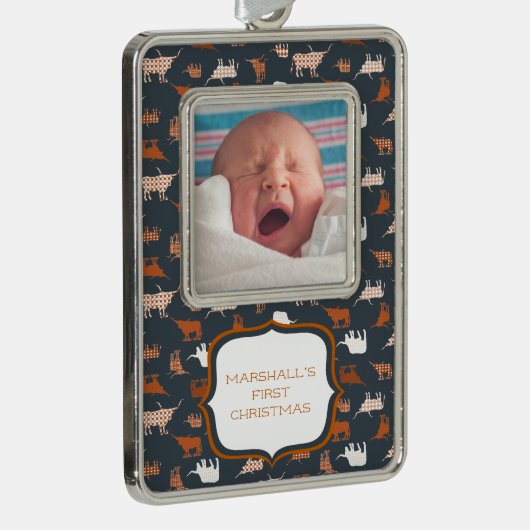 燃えたオレンジパターン（の模様が）ある色のロングホーン模様の写真 シルバープレートフレームオーナメント (右)