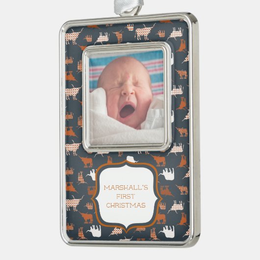 燃えたオレンジパターン(の模様が)ある色のロングホーン模様の写真 シルバープレートフレームオーナメント (左)