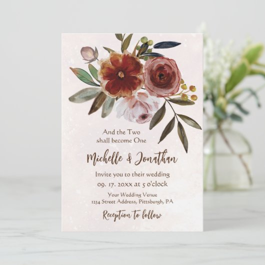 燃えたオレンジピンク素朴のフローラクリスチ結婚アン 招待状 (スタンド正面)