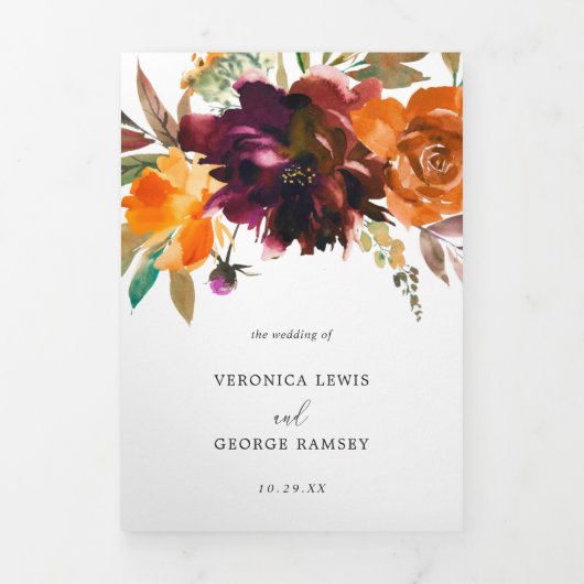 燃えたオレンジブルゴーニュフローラフォトエレガントな結婚式 三つ折り招待状 (カバー)